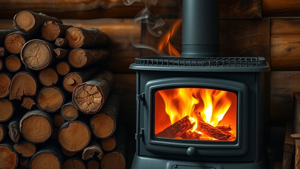 pine wood stove burning